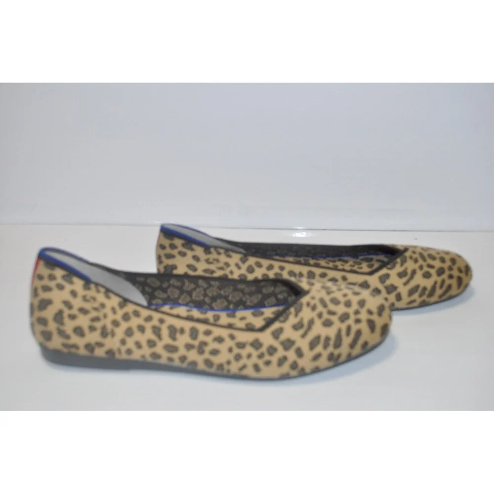 Rothys The Flat Big Cat‎ Leopard Print Knit Ballet Flats Tan Black Size 8.5